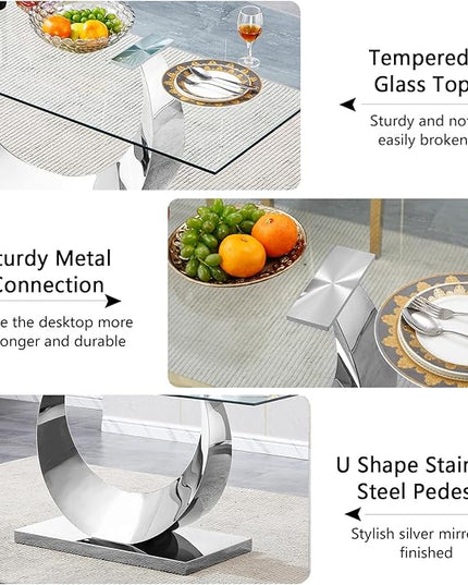 7 Piece Dining Table Set, Modern Glass Dining Table Set for 6, 70" Luxury Glass Table w/Silver Stainless Steel Base & 6 Beige Tufted Chairs, Kitchen Dining Room Sets for 6 for Breakfast Dinner Dinette