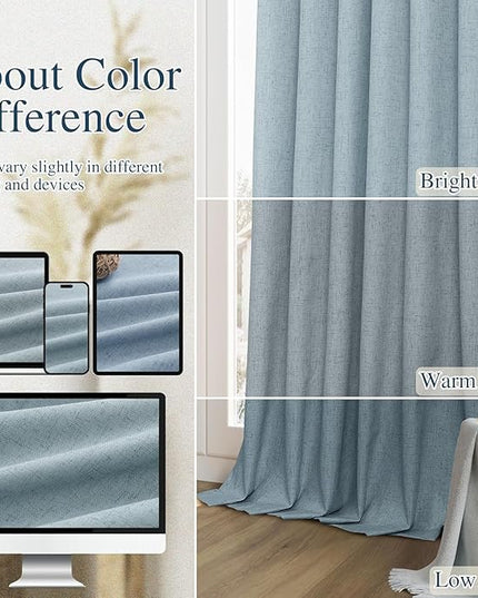 Guken Blue Linen Blackout Curtains 98 Inch Length 2 Panels Set for Living Room Bedroom Back Tab Thermal Insulated 100% Black Out Linen Drapes Room Darkening Window Curtains 98 Inches Long Dusty Blue