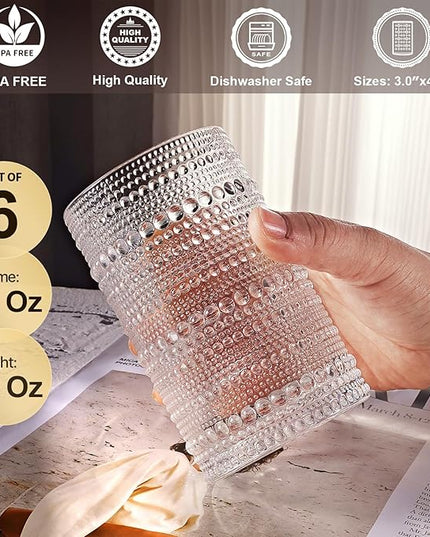 hobnail drinking glasses Highball Glasses Set of 6 12oZ Embossed Vintage Drinking Water Cocktail Whiskey Beverages Juice Milk Soda Gift for Men Women-Fathers Day Gift