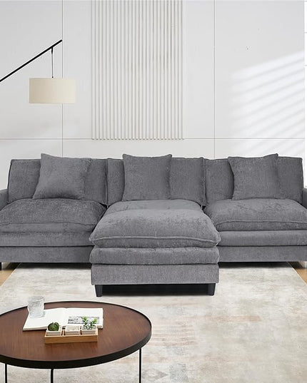 Modular Sectional Sofa,108.27'' Modern Sofa Sleeper Couch with 3 Seat & 1 Ottoman & 3 pillows Sofa Set,Comfy Cloud Couches with Movable Ottoman Deep Seat Sofa for Living Room Chenille (Gray, L Shaped)