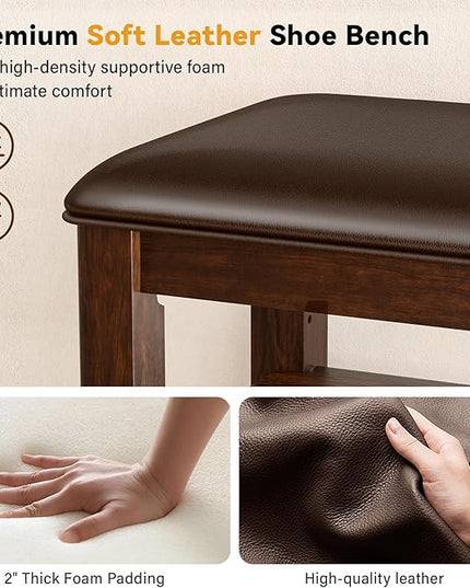 Shoe Rack Bench Entryway Storage with Leather Cushion, Shoe Organizer Bench for Entryway, Ideal for Front Doors Entrances Hallway Mudroom Featuring Rubberwood And 3 Height-Adjustable Removable Shelve