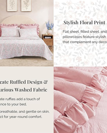 Queen Comforter Set - 7 Pieces Ruffle Soft Pink Bedding Sets, Shabby Chic Farmhouse Bed in a Bag Queen with Ruffle Comforter, Floral Sheets, Pillowcases & Shams