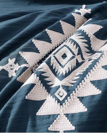 MaiRêve Embroidery Full Size Comforter Set Navy Blue, Farmhouse Western Boho Bedding Set 7 Pieces, All Season Bed in A Bag Comforter Set with Sheets, Pillowcases & Shams