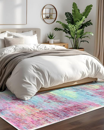 IOHOUZE Abstract Area Rugs 6x9 Ft Washable Rugs for Living Room, Non Slip Dining Room Rug, Printed Faux Wool Rugs for Bedroom, Floor Carpet for Office Nursery Playroom, Pink Teal