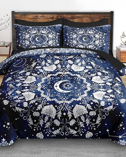 Comforter Set Queen Size, Astrology Sun Moon 7 Pcs Bedding for Kids and Adults, Blue Starry Flower Bed Sheet Sets with Fitted Sheet 2 Pillowcases & 2 Shams for Bedroom Bed Decor