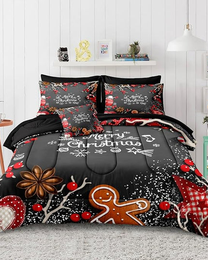 Bedbay Christmas Comforter Set 8 Pcs Queen Comforter Set with Sheets Cute Gingerbread Men Snowflakes Christmas Bedding Set Queen Bed in a Bag New Year Festival Xmas Gifts for Boys Girls