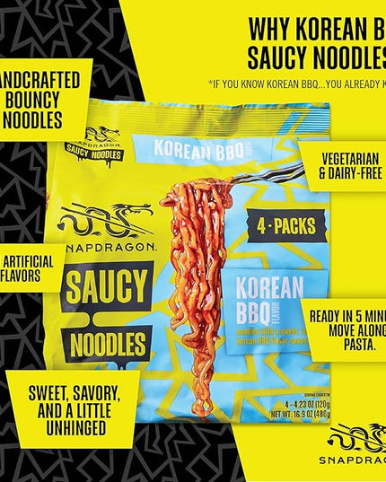 Snapdragon Saucy Instant Noodles with Korean BBQ Slurpable Sauce - Quick Meal, Snack, and Lunch. 12-Pack Microwave Noodles for Cup, Bowl, Ramen or Asian Stir Fry