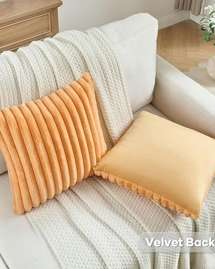 FUTEI Orange Throw Pillow Covers Set of 2, 16x16 Inch Striped Texture Cushion Cases with Soft Faux Rabbit Fur Front & Velvet Back, Modern Decorative Couch Pillows for Living Room
