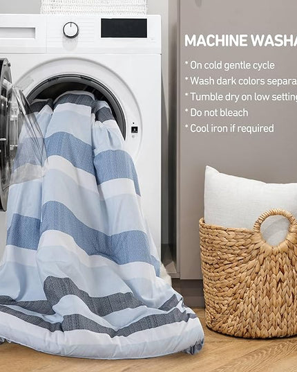 King Comforter Set, 3 Pieces Striped Bed Set, Soft Brushed Microfiber Reversible Bedding Set for All Season, Lightweight & Breathable Bedding Set with Comforter & Shams, Navy/Blue