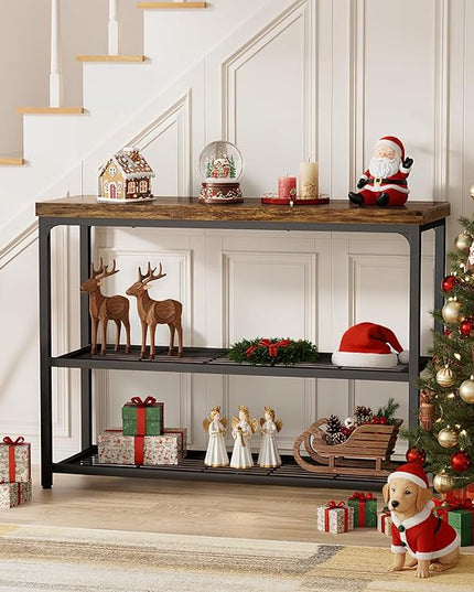 47" Console Table with Storage, 3-Tier Narrow Entryway Table, Sofa Table with Mesh Shelves, Console Tables for Living Room, Bedroom, Hallway, Entryway, Foyer, Rustic Brown