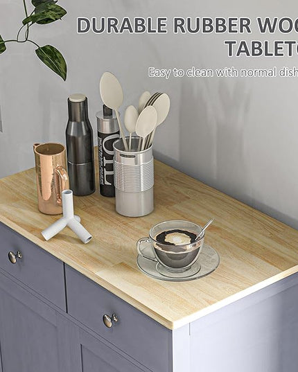 HOMCOM Sideboard with Solid Wood Countertop, Modern Kitchen Storage Cabinet, Coffee Bar Cabinet with 2 Drawers, Doors and Adjustable Shelf, Gray