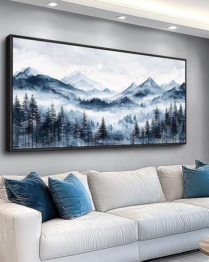ERQINHUA Black Framed Canvas Wall Art For Bedroom Large Wall Decor For Living Room Modern Office Home Decorations Printed Misty and Fog Forest Painting Mountain Landscape Wall Aesthetics 24x48 In
