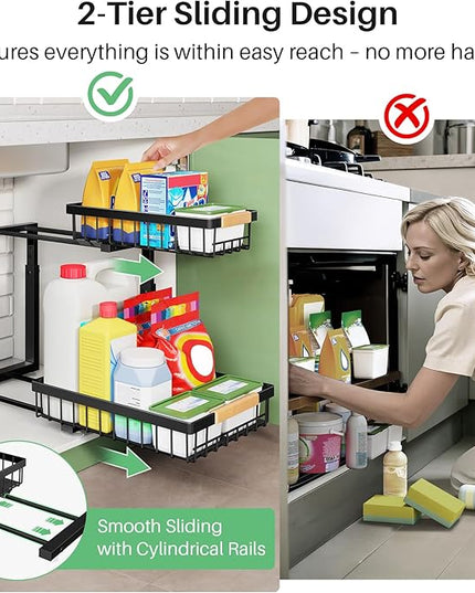 Pull out Cabinet Organizer, 2 Tier Under Sink Organizer, Slide out Metal Kitchen Cabinet Organizers Drawer Shelf, Sliding Storage Shelves for Kitchen Bathroom Pantry Cabinet Closet Organization Rack