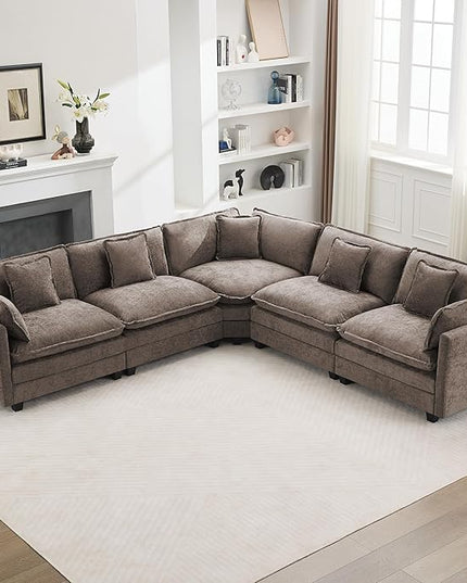 137'' V Shaped Cloud Sectional Sofa, Oversized Deep Seat Couches for Living Room, Chenille Comfy Upholstered Modular Sectional Sofa Couch, Brown