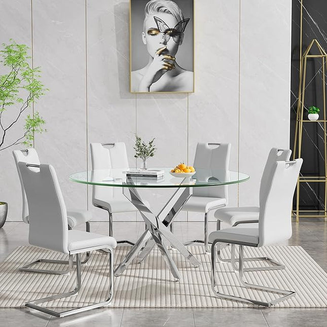 HomVent Round Glass Dining Table Set for 6, 7-Piece Modern Kitchen Table Set with 6 PU Upholstered Chair for Kitchen Dining Room, Glass Dining Room Table Set