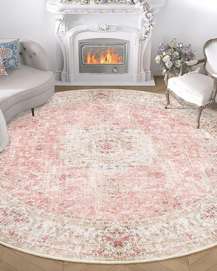 Round Rug 9ft,Large Pink Circle Area Rugs for Bedroom Living Room,Washable Boho Vintage Bohemian Distressed Oriental Floral Carpet Non Slip