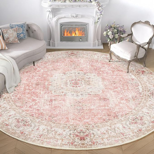 Round Rug 9ft,Large Pink Circle Area Rugs for Bedroom Living Room,Washable Boho Vintage Bohemian Distressed Oriental Floral Carpet Non Slip