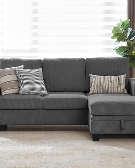 CHIC HOUSE Corduroy Modular Sectional Couch with Ottoman Chaise, L/U Shaped Sleeper Sofa for Living Room, Apartment, Lounge, Modern Armrest Neck Support Furniture (4 Seater Sectional, Dark Grey)