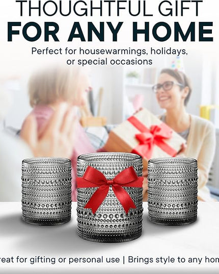 12 OZ Hobnail Drinking Set of 12 – Vintage Embossed Glassware, Textured Tumblers for Water, Beer, Cocktails, Mocktails, Whiskey & More – Includes Straws and Coasters – Smokey Gray