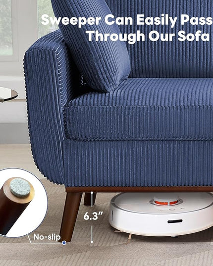 Tbfit Corduroy Couch for Living Room, Mid Century Modern Sofa with Spring Cusions for Bedroom,Comfy Upholstered Couches Easy Assembly with Solid Wood Legs & 2 Pillows (Blue, 65inch)