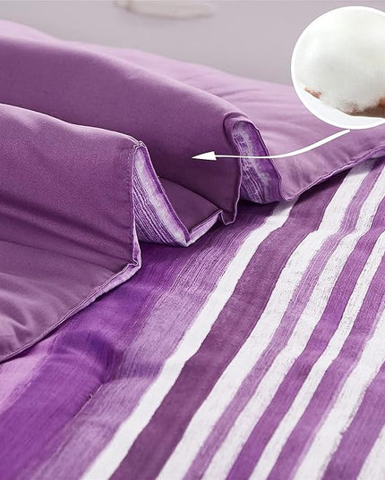 KAKIJUMN 5 Piece Bed in a Bag Stripe Comforter Set Twin Size, White and Purple Patchwork Striped Comforter and Sheet Set, All Season Soft Microfiber Complete Bedding Sets(Purple,Twin)