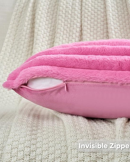 FUTEI Hot Pink Throw Pillow Covers Set of 2, 20x20 Inch Striped Texture Cushion Cases with Soft Faux Rabbit Fur Front & Velvet Back, Modern Decorative Couch Pillows for Living Room