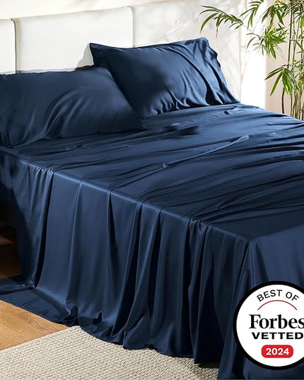 Bedsure Queen Sheet Set, Rayon Derived from Bamboo, Cooling Sheets, Breathable & Soft, Deep Pocket Up to 16 Inches, Hotel Luxury Silky Bedding for Hot Sleepers, Navy