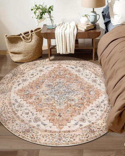 Ciicool Boho Area Rug 4x4ft Round Washable Bedroom Non-Slip Vintage Entryway Throw Rug Low-Pile Indoor Carpet for Living Room Foyer Rug(Vintage Cream/Brick)