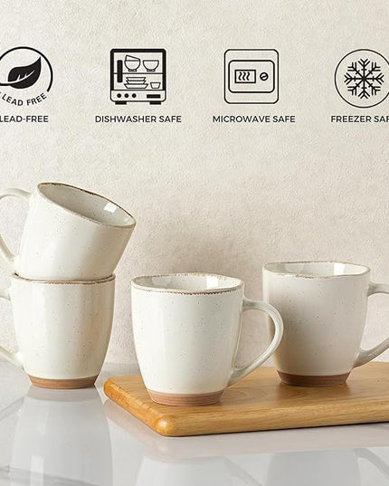 AmorArc 12oz Ceramic Coffee Mugs set of 4, Stylish Coffee Mugs with Rustic Terracotta Underside for Latte/Cappuccino/Milk/Cocoa, Dishwasher&Microwave Safe, Light Beige