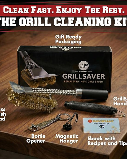 KITCHEN PERFECTION Brass GrillSaver - Safe BBQ Grill Brush with Replaceable Cleaning Head -Heavy-Duty Grill Cleaner w/Scraper for Porcelain & Ceramic Grates, Includes Magnetic Hanger & Bottle Opener