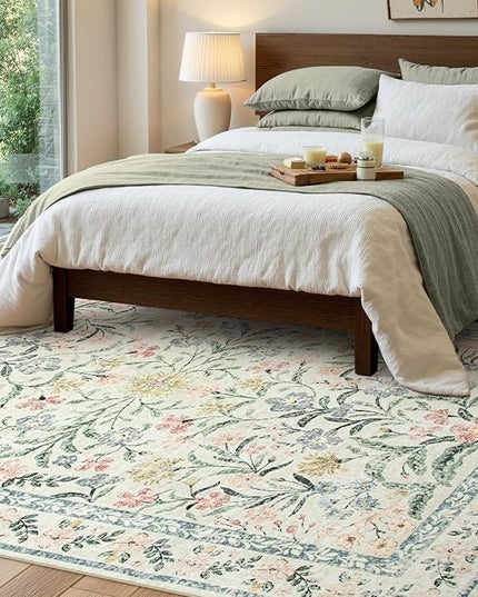 Wonnitar Washable 6x9 Area Rugs, Soft Floral Rug for Bedroom Kids Playroom Light Colored Carpet, Non Slip Ultra-Thin Indoor Beige Carpet for Living Room Classroom Office