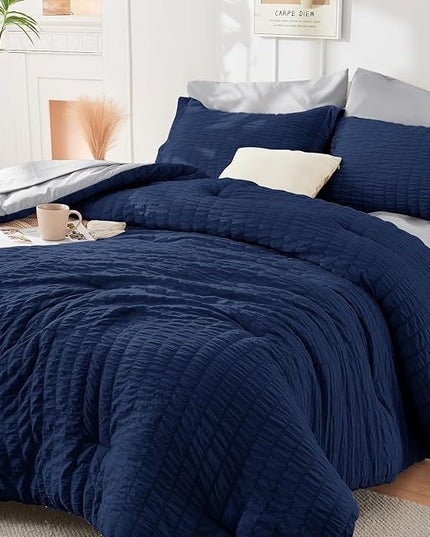 HYMOKEGE Navy Blue/Light Grey Queen Comforter Set Seersucker 7 Pieces, All Season Luxury Bed in a Bag Queen for Bedroom, Bedding Set with Comforter, Sheets, Pillowcases & Shams