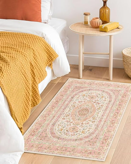 Small Rugs 2x3,Pink Rug for Entryway Bathroom Bedroom Kitchen Entrance Doormat,Boho Vintage Bohemian Distressed Farmhouse Washable Accent Floor Throw Carpet Non Slip,Blush Floral