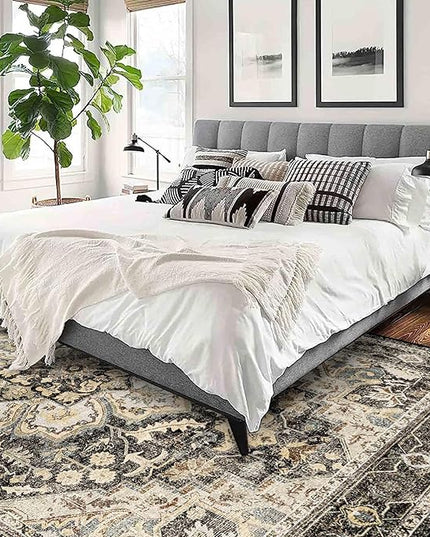 Washable Oriental Area Rug - 9x12 Rugs for Living Room Soft Carpet for Bedroom Waterproof Floral Distressed Indoor Stain Resistant Non-Shedding Floor Carpets (Black/Grey, 9x12)
