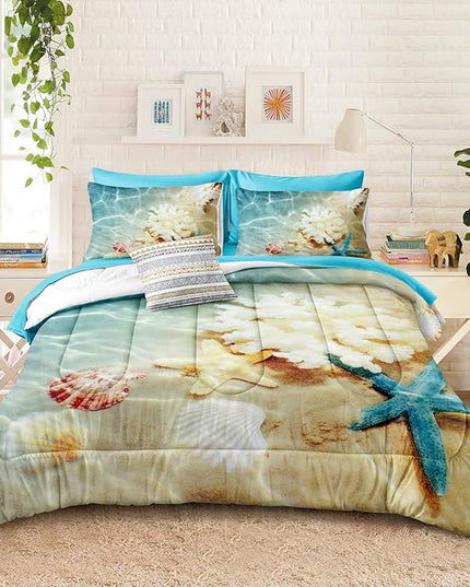 Bedbay Coastal Bedding Full Size Comforter Set with Sheets Beach Comforter Bed Set 8 Pcs Ocean Duvet Set Soft Lightweight Down Alternative Comforter Beach Room Decor for Boys Girls (Ocean,Full)
