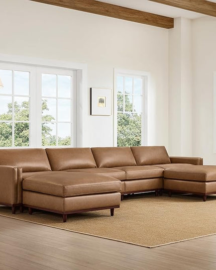 CHITA 153" Super Large Luxury U Shape Convertible Sectional Modular Sofa, Down Filled Modern Sofa, Deep Seat Cloud Couch, 6 Seat Couch with Chaise, 2 Ottomans, Solid Wood Leg, Faux Leather in Camel
