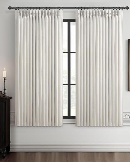 Pinch Pleated Off Beige White Mini Curtains 63 Inch Length 2 Panels Set for Kitchen Windows, Cute Blackout Two Layer Thick Linen Blend Light Blocking Drapes Back Tab for Laundry Room 63 Inches Curtain