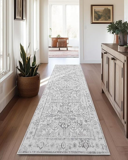 jinchan Lima Runner Rug 2x12 Long Hallway Runner Rug Thin Vintage Washable Kitchen Carpet with Rubber Backing Floral Print Floor Cover Indoor Laundry Room Bedroom Stairway (2x12ft, Grey)