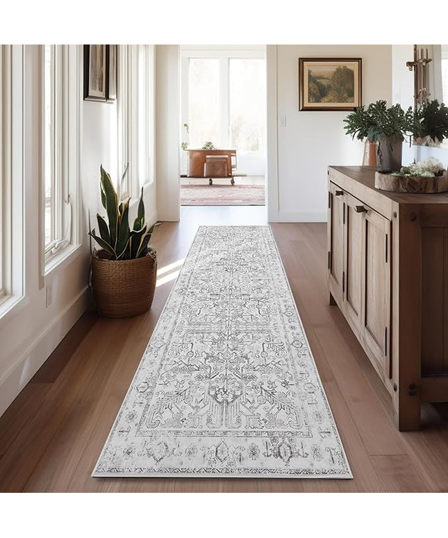 jinchan Lima Runner Rug 2x12 Long Hallway Runner Rug Thin Vintage Washable Kitchen Carpet with Rubber Backing Floral Print Floor Cover Indoor Laundry Room Bedroom Stairway (2x12ft, Grey)