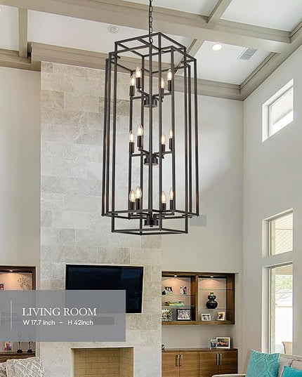 12-Light Lantern Tiered Pendant Light Fixtures, Black Metal Farmhouse Chandelier Hall Foyer Hanging Chandelier for Kitchen Island Dining Room Living Room Foyer Entryway, Black