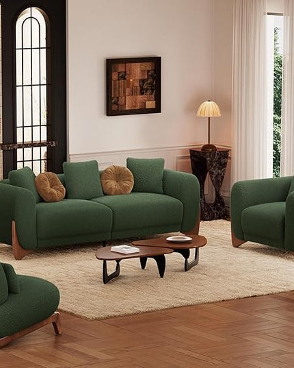 Morden Fort Modern Cloud Couch - 3 Seater Sherpa Boucle Sofa with Wood Legs, Ultra-Thick High Resilience Cushion with 3 Matching Pillows Upholstered Comfy Couch Sofa for Living Room - Forest Green
