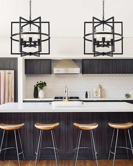 19'' Black Chandelier for Dining Room, 5-Light Modern Farmhouse Chandelier with Geometric Cage Adjustable Industrical Hanging Pendant Light Fixture for Kitchen Entryway Hallway Foyer Bedroom