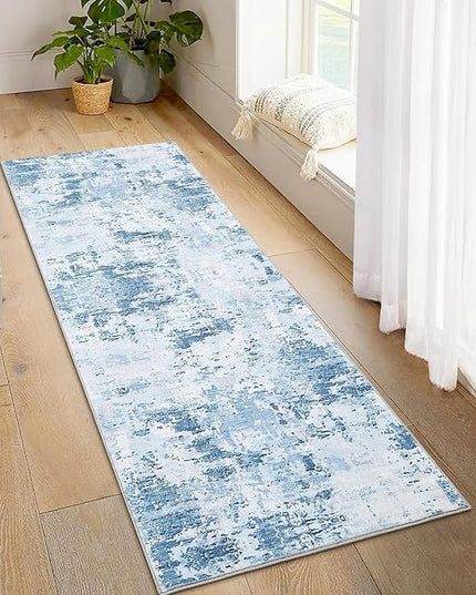 Modern Abstract 2x10 Runner Rug Non Slip Non Shedding Low Pile Stain Resistant Rug for Hallway Kitchen Bedroom, Light Blue