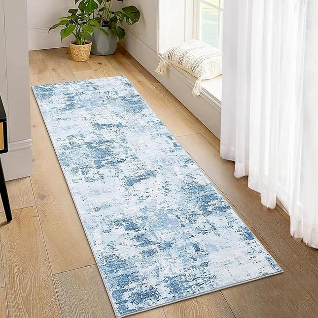 Modern Abstract 2x10 Runner Rug Non Slip Non Shedding Low Pile Stain Resistant Rug for Hallway Kitchen Bedroom, Light Blue
