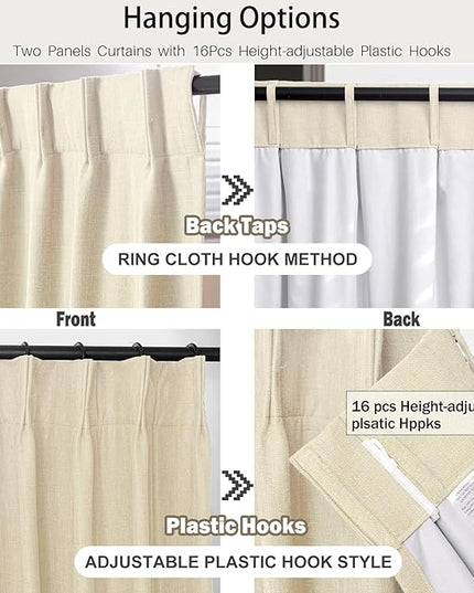 IVAPUPU Cream Beige Pinch Pleated Full Blackout Linen Curtains for Bedroom, Black Out Curtains 108 Inches Long for Living Room Darkening Thermal Insulated Neutral Pleat Drapes with 16 Hooks, 2 Panels