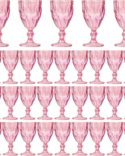 32 Pack Vintage Wine Glasses, Plastic Reusable 12 Ounce Colored Water Goblets, Unique Embossed Pattern Unbreakable Stemmed Wine Glasses, High Clear Wedding Party Bar Drinking Cups Pink