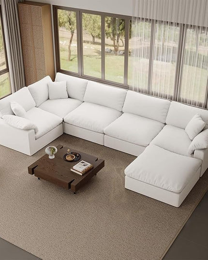 221.6" Oversized Cloud Modular Sectional Sofa,6 Seat Down Filled Sofa,Comfy Deep Seat Couch with Reversible Chaise & Cushions,Couch Cover Washable and Replaceable,White