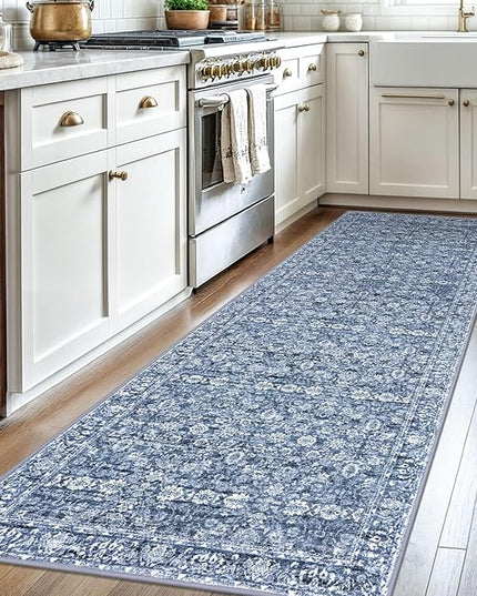 3x8 Washable Runner Rug for Kitchen, Blue Soft Classic Runner with Non-Slip, Non-Shedding Distressed Floral Rug for Hallways Entryway Bedroom Bathroom Laundry Indoor