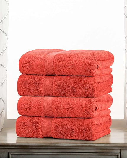 Superior Egyptian Cotton Pile Bath Towel Set of 4, Ultra Soft Luxury Towels, Thick Plush Essentials, Absorbent Heavyweight, Guest Bath, Hotel, Spa, Home Bathroom, Shower Basics, Coral