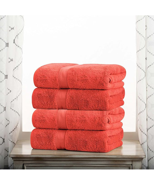 Superior Egyptian Cotton Pile Bath Towel Set of 4, Ultra Soft Luxury Towels, Thick Plush Essentials, Absorbent Heavyweight, Guest Bath, Hotel, Spa, Home Bathroom, Shower Basics, Coral